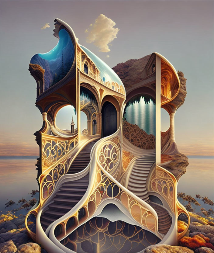 Surreal artwork: Violin merges with architecture amid natural elements and dusky sky