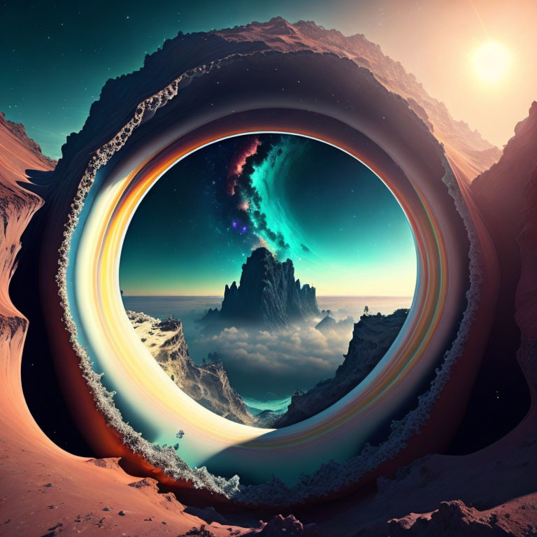 Surreal landscape with circular cosmic portal and rainbow halo