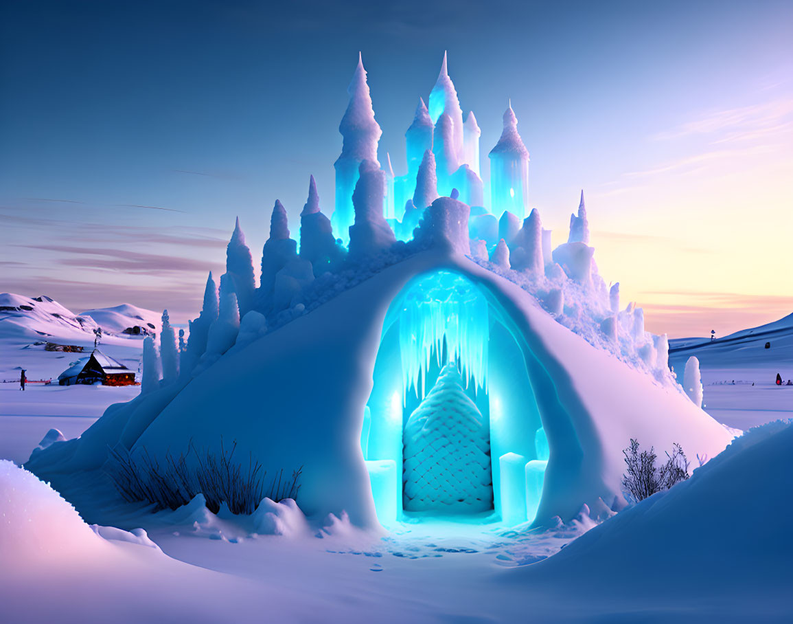 Enchanting Ice Castle at Dusk with Glowing Blue Lights