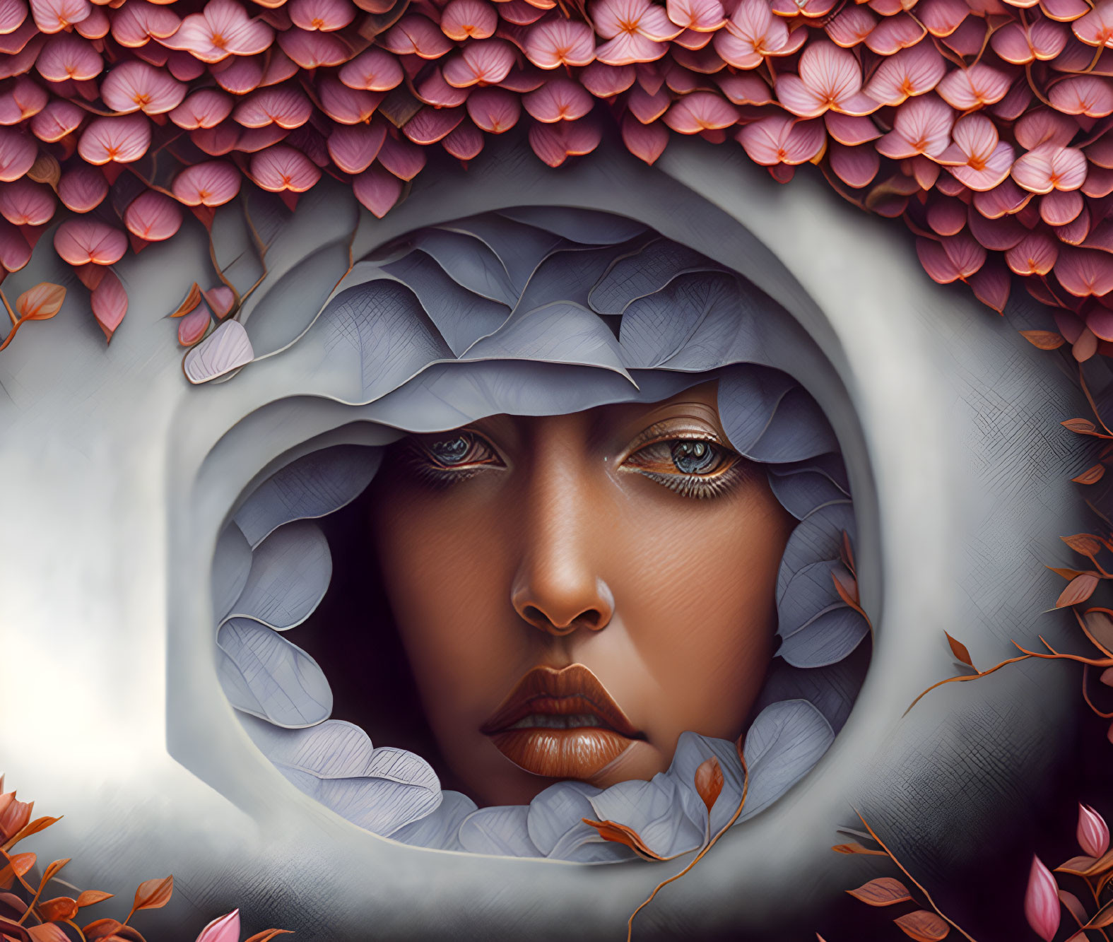 Surreal artwork: woman's face in leaf-shaped frame amid pink and purple petals