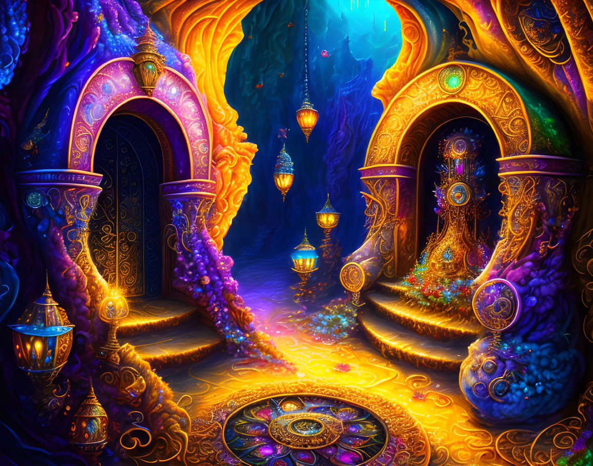 Vibrant fantasy corridor with ornate arches and mystical designs