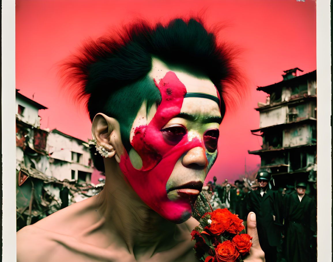 Vibrant red and green face paint person with flowers on red backdrop