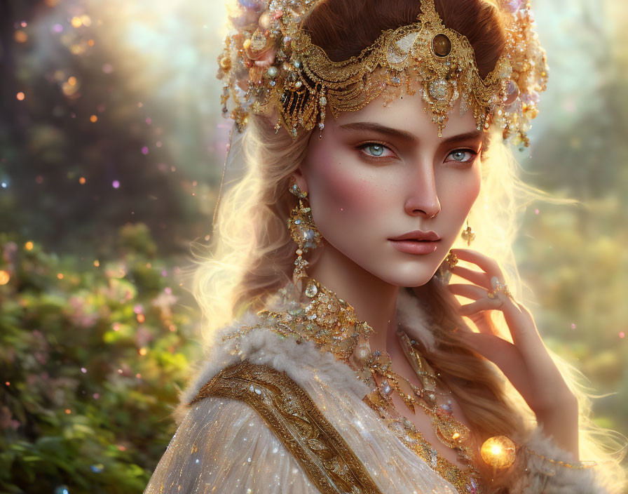 Elegant Woman in Golden Headwear and Jewelry Among Floral Background