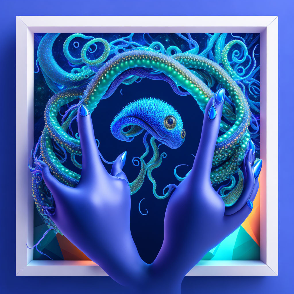 Surreal 3D illustration: Blue hands framing chameleon in ornate pattern