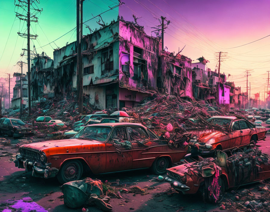 Dystopian scene with dilapidated buildings and abandoned cars under pink and teal sky