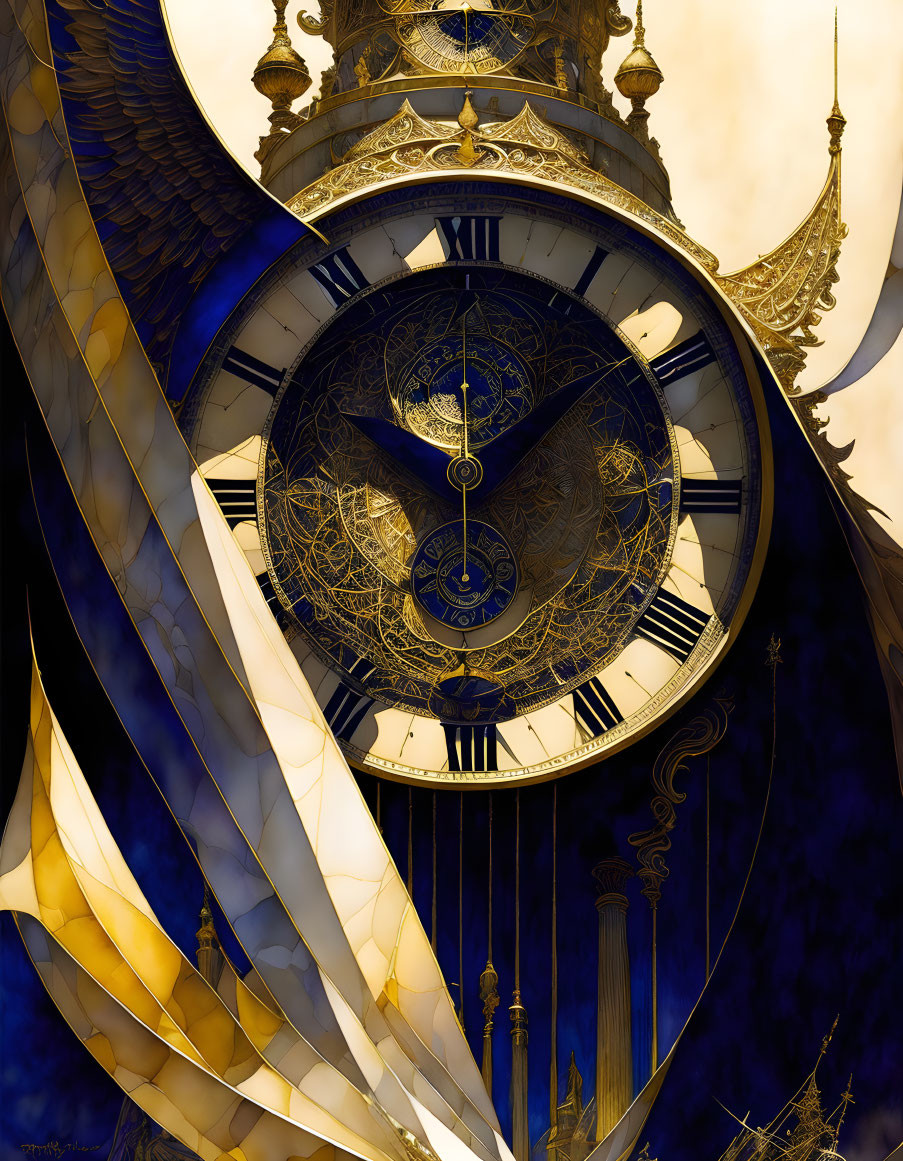 Intricate golden clock with celestial and wing designs on deep blue background