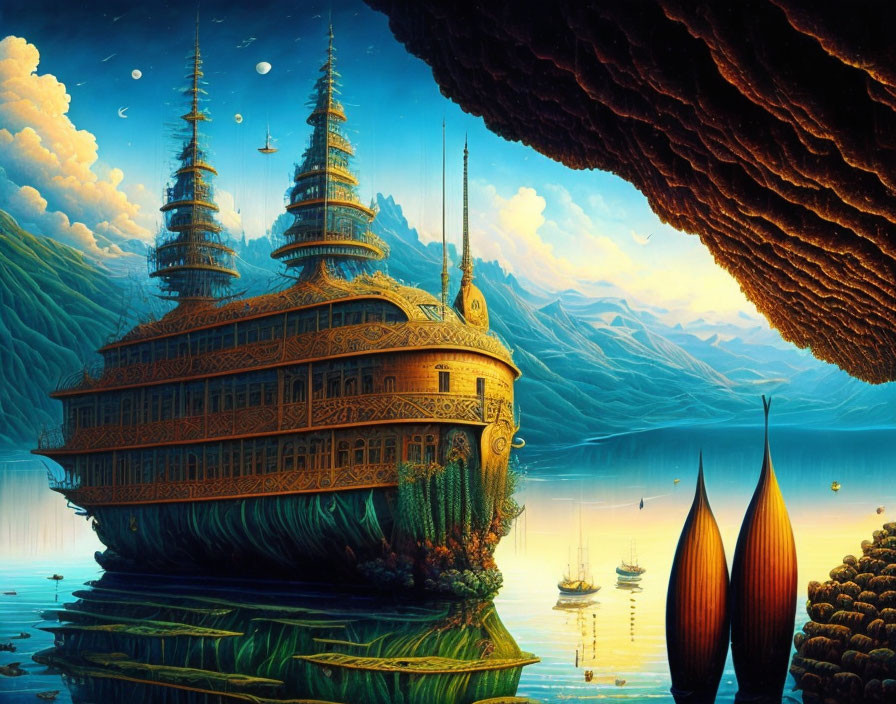 Golden Pagoda-like Ship on Tranquil Lake Amid Mountains and Amber Sky