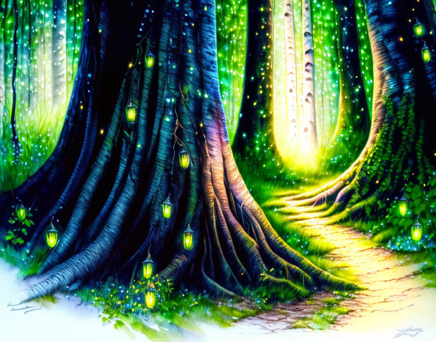 Mystical forest scene with glowing greenery and firefly lights