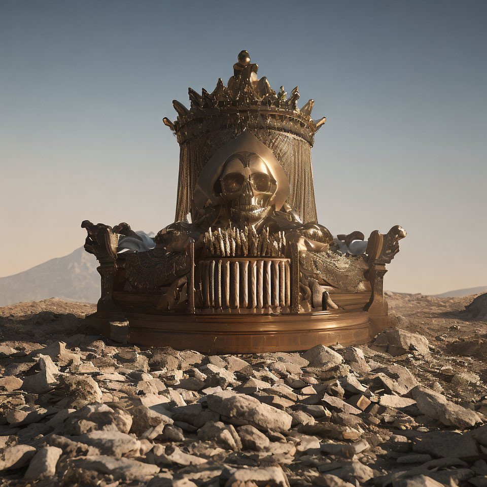 Golden skull-adorned crown in desert landscape with mountain background