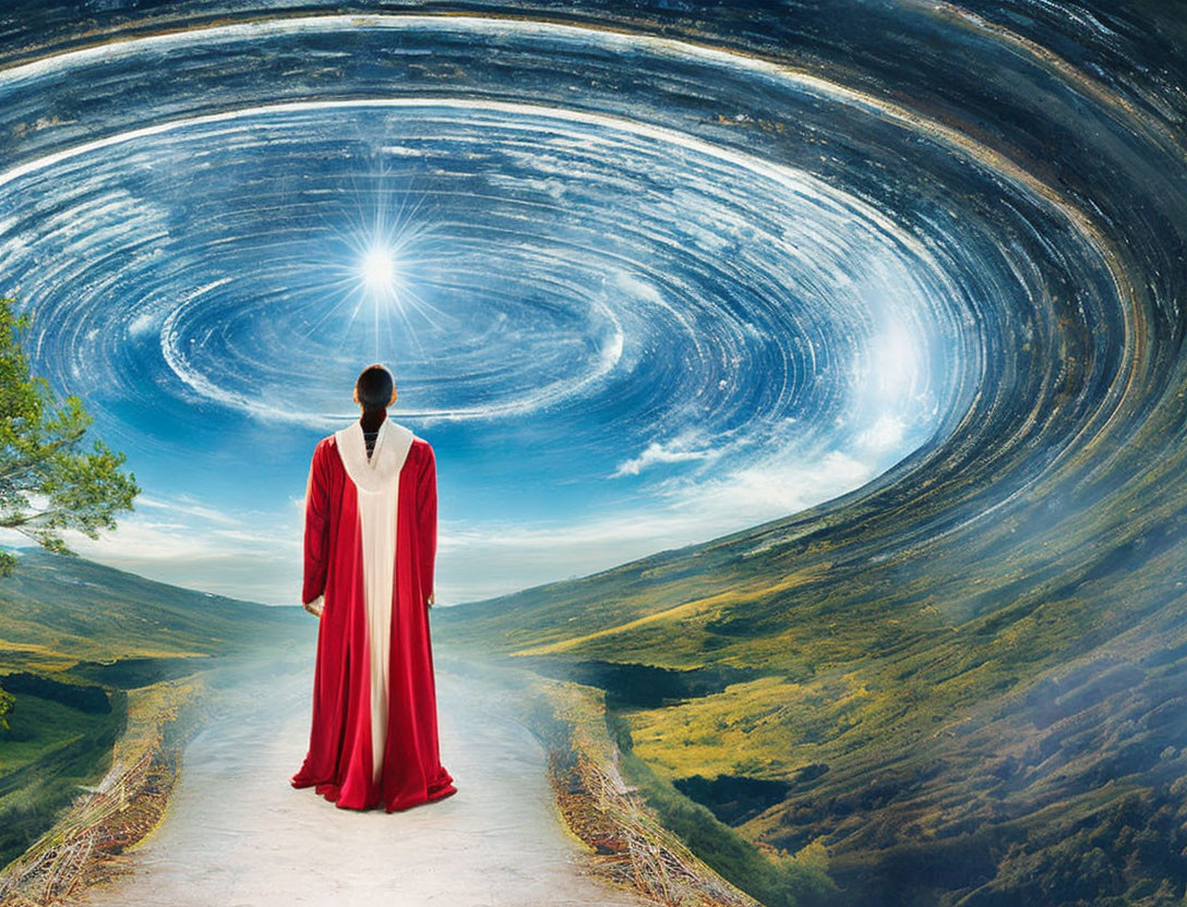 Person in red cloak gazes at surreal sky over scenic valley