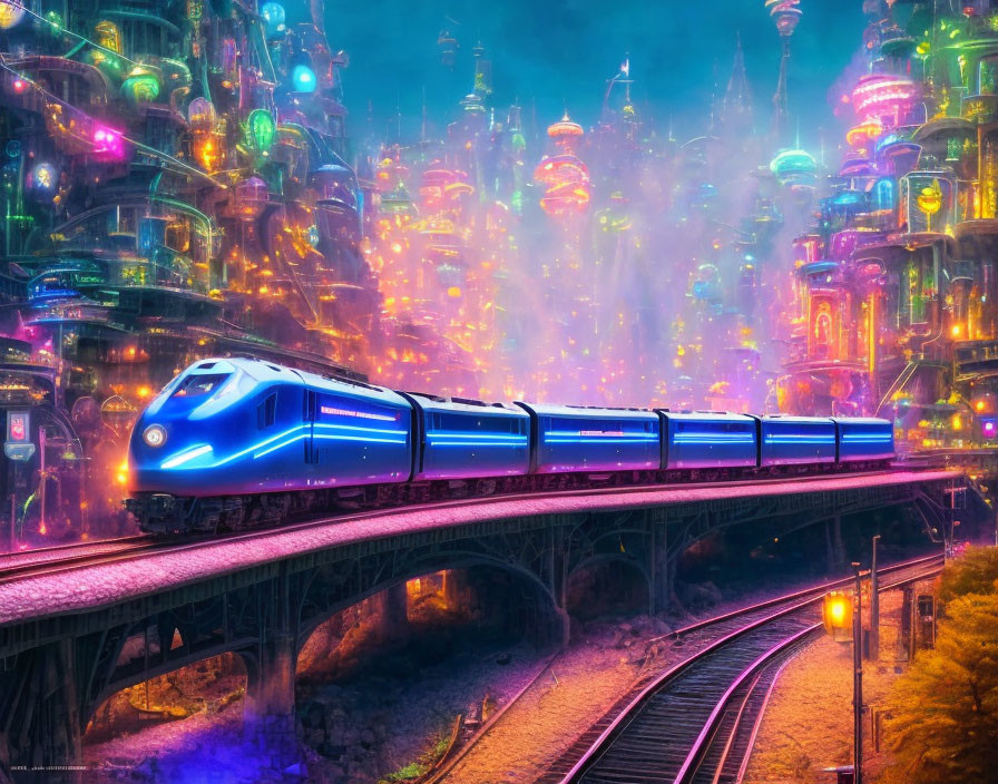 Futuristic blue train on elevated track in neon-lit cityscape