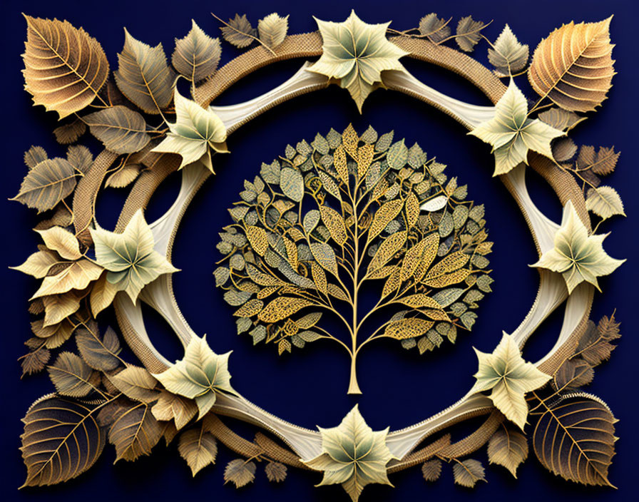 Detailed tree artwork with golden leaves on navy background