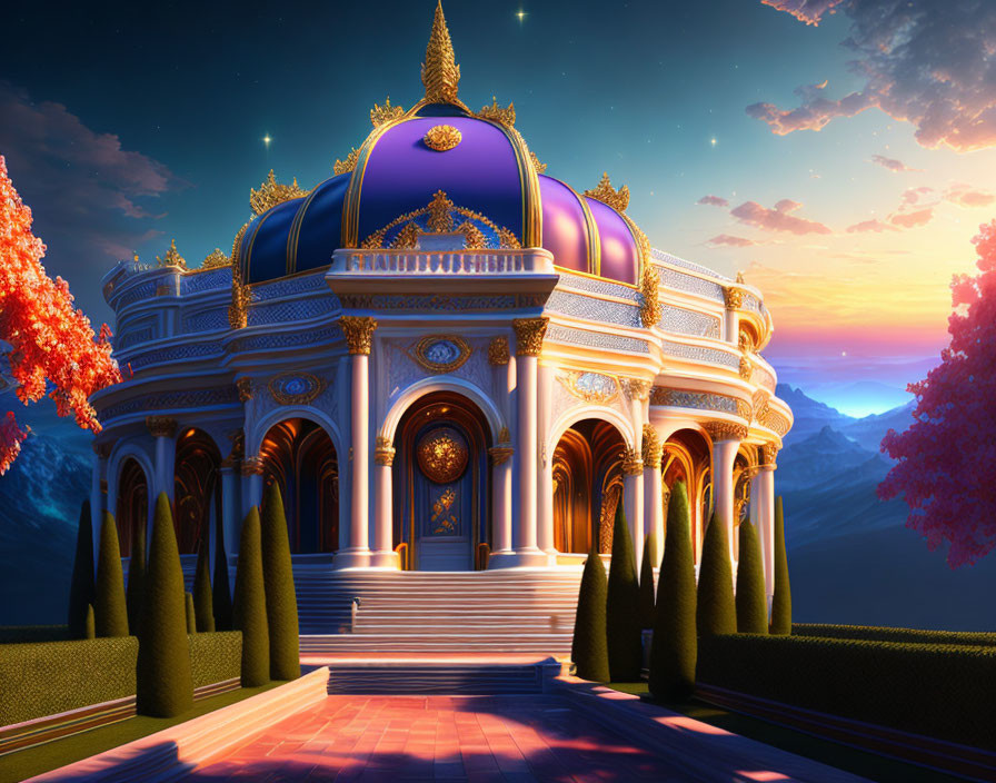 Majestic fantasy palace with purple domes and golden accents nestled among mountains at sunset.