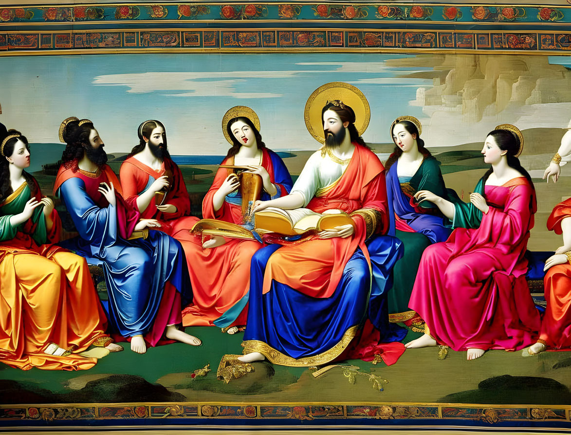 Vibrant religious painting of seated figure and disciples