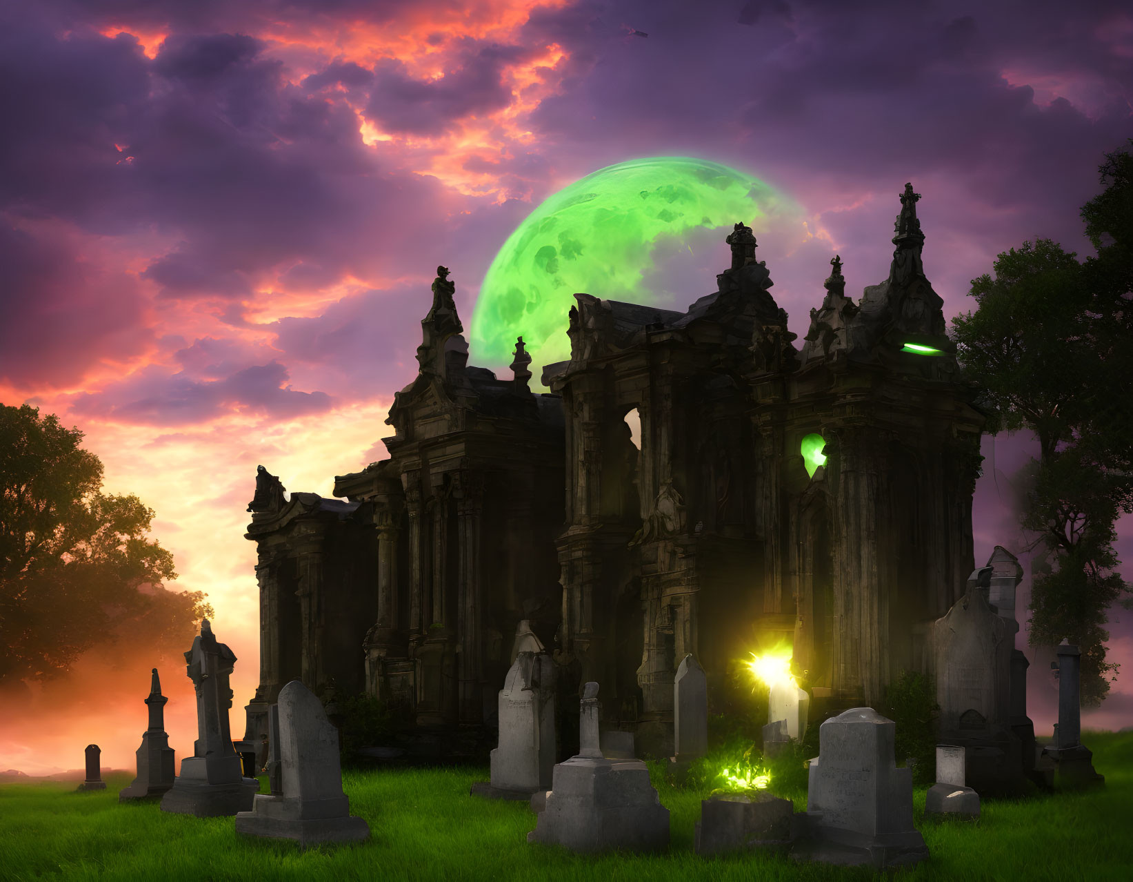 Weathered tombstones in gothic cemetery under eerie green moon