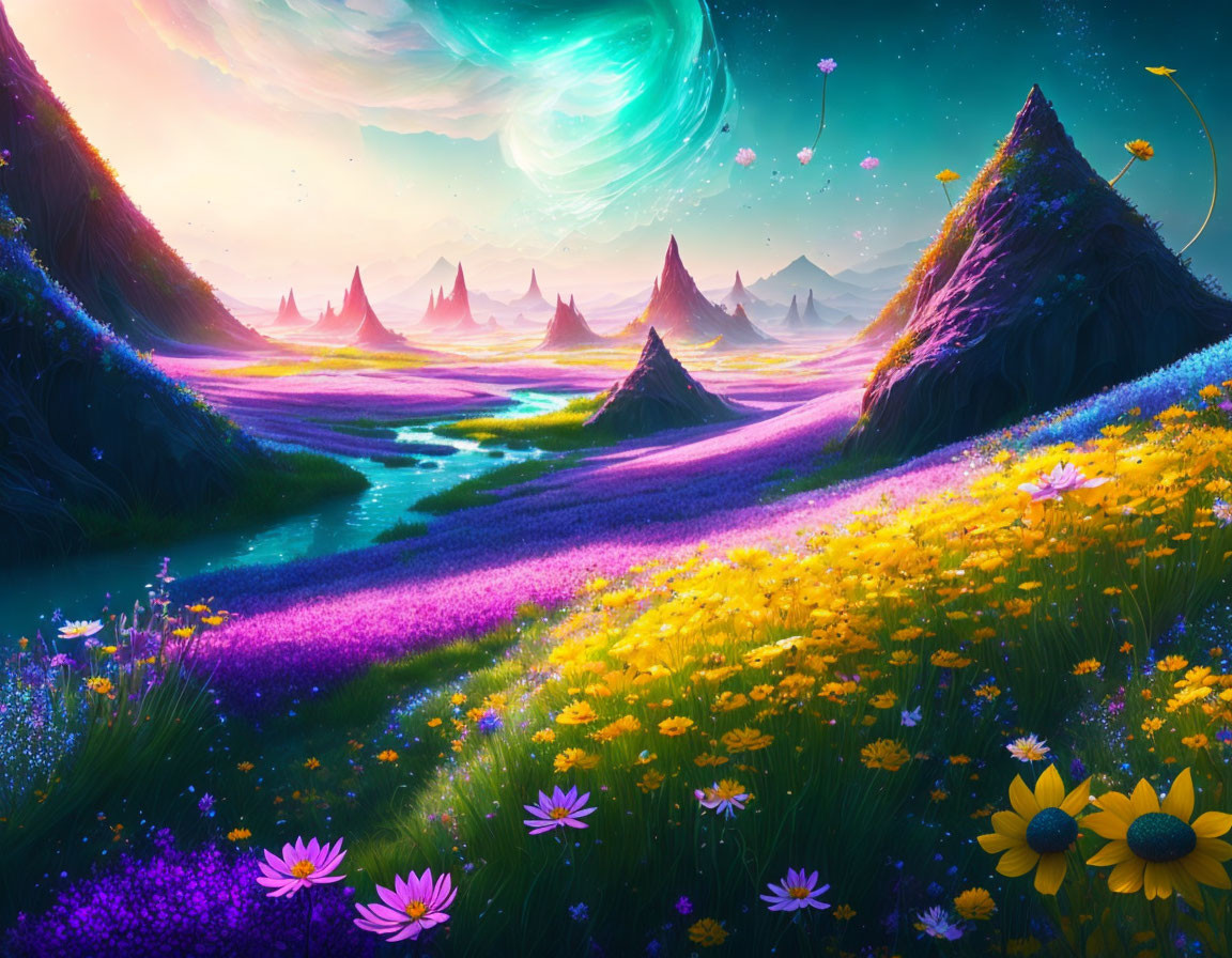 Colorful Fantasy Landscape with Flowers, River, Mountains & Aurora Sky