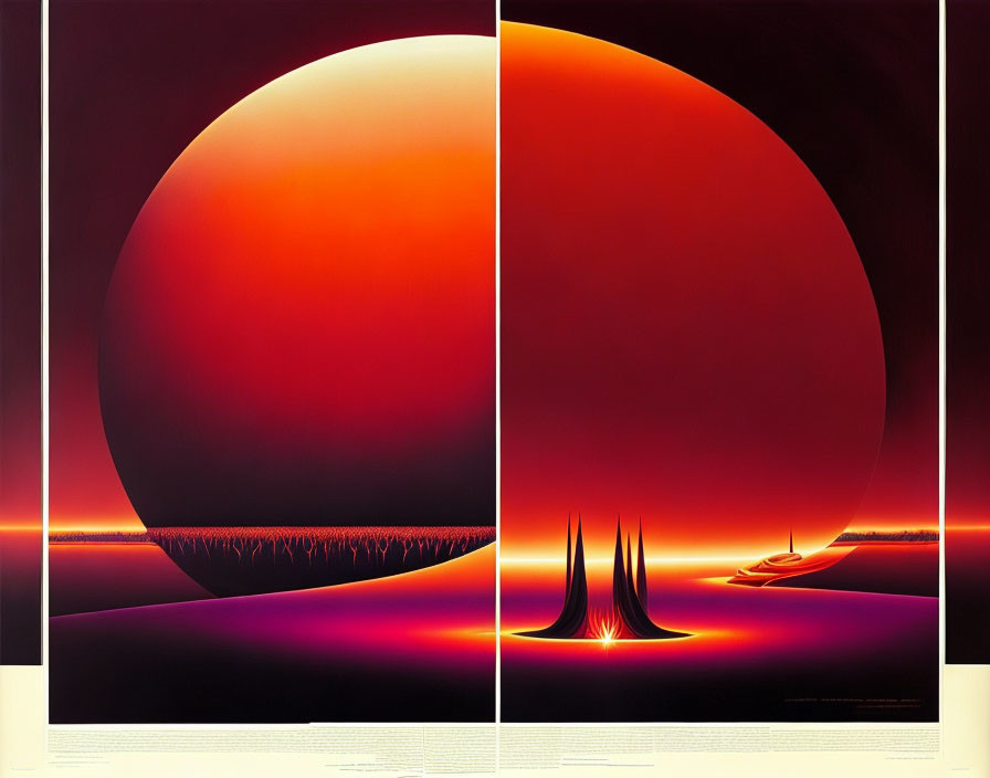 Surreal red and orange landscape with large sun and thin structures