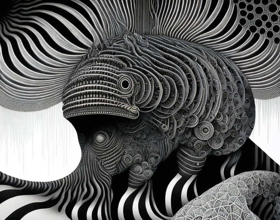 Detailed black and white armadillo illustration with intricate patterns on body