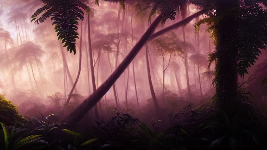 Lush Green Rainforest Scene with Fallen Tree and Soft Purple Light