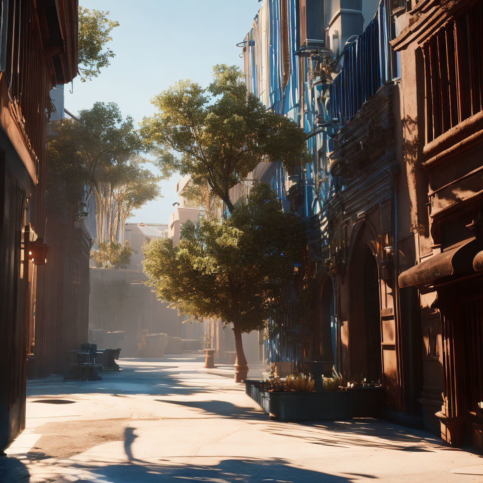 Sunlit street with traditional buildings and trees under clear blue sky