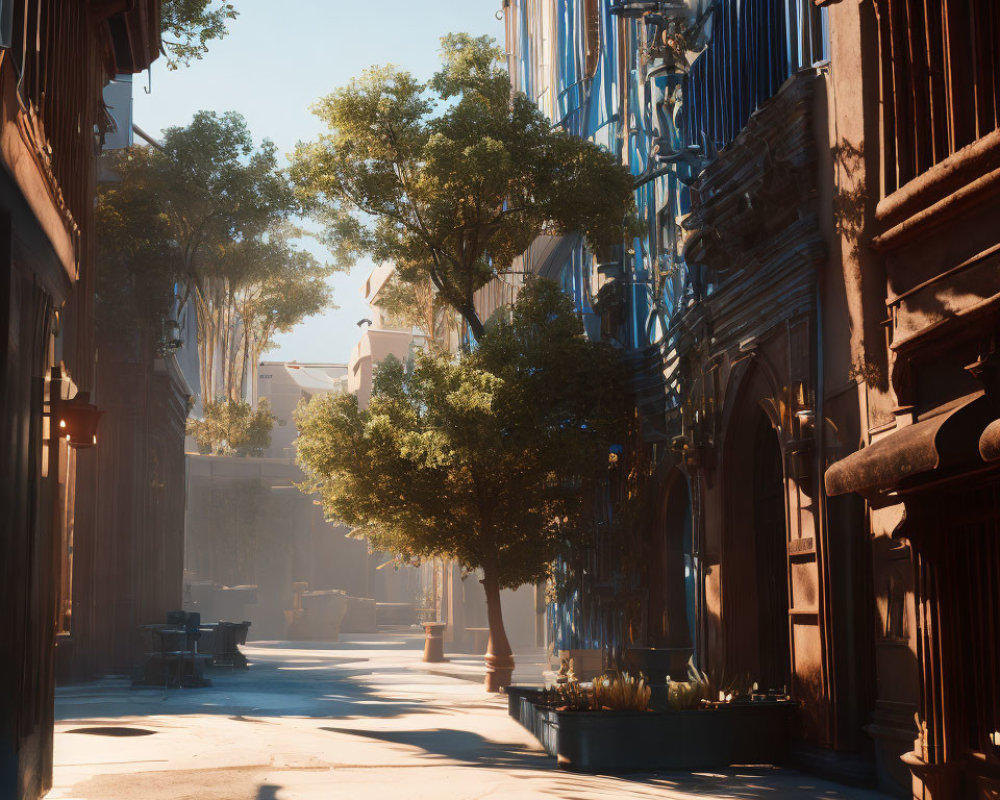 Sunlit street with traditional buildings and trees under clear blue sky