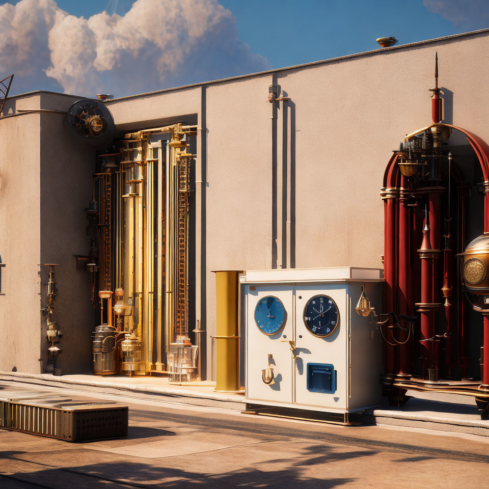 Steampunk-inspired rooftop with brass and copper machinery under clear blue sky