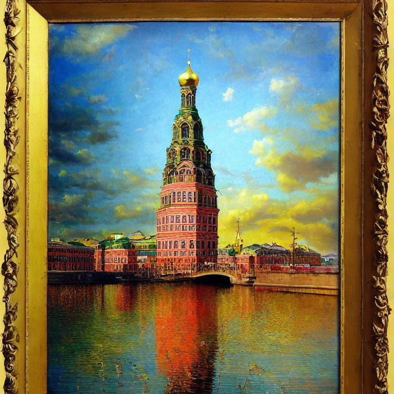 Historic Saint Petersburg Cathedral oil painting with ornate spire and river in golden frame