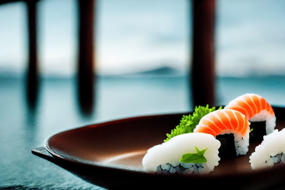 Sushi with salmon nigiri and maki rolls on dark plate by ocean pier