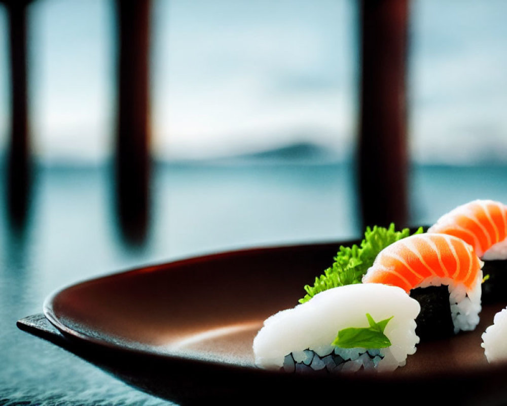 Sushi with salmon nigiri and maki rolls on dark plate by ocean pier