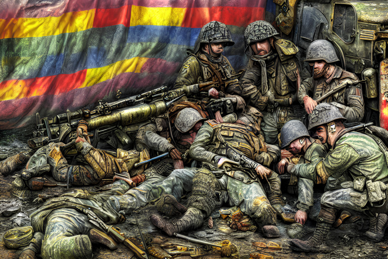 Soldiers in combat gear with colorful flag and military equipment