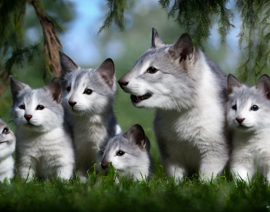 Small white feline creatures with a larger lupine figure in lush greenery