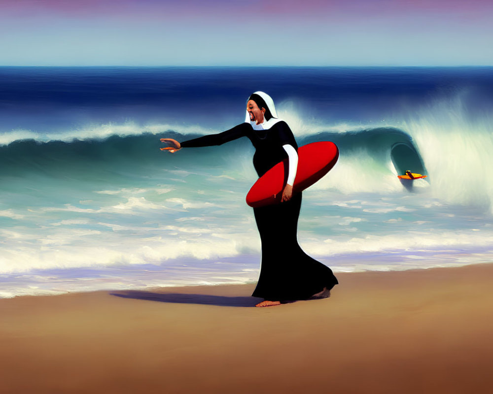 Nun with surfboard gestures to surfer on wave at the beach