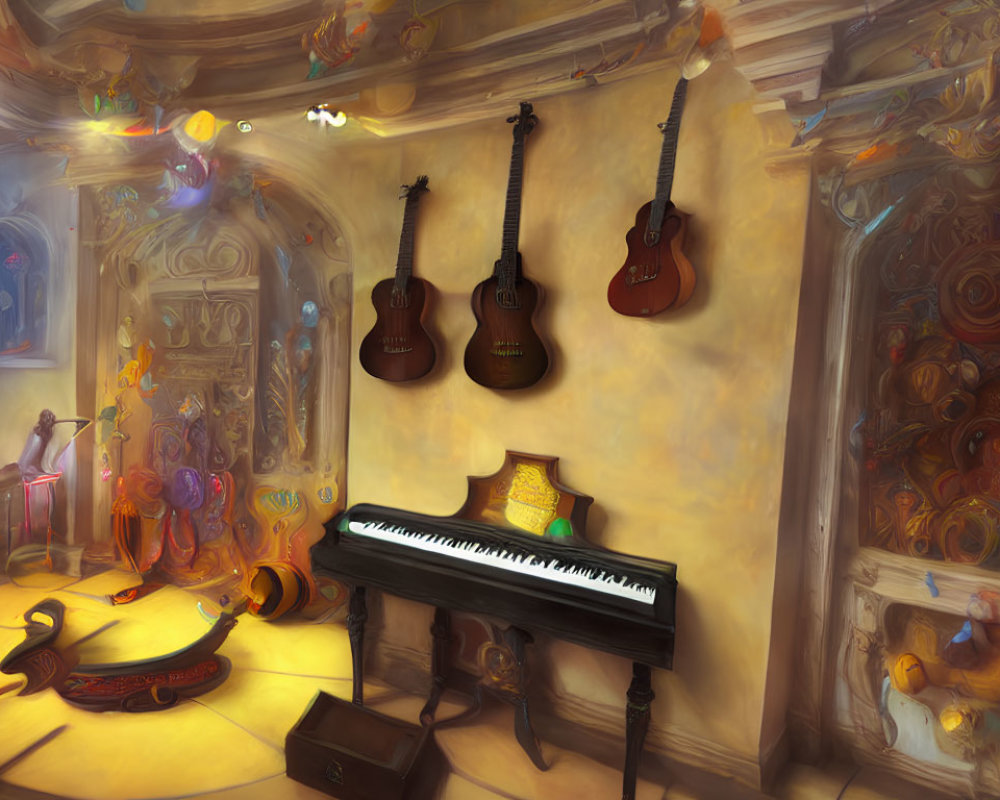 Colorful Music Room with Guitars, Piano, & Whimsical Creatures