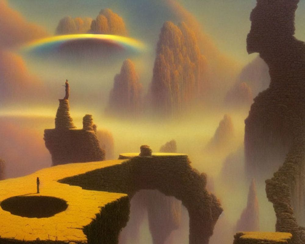 Person on floating landmass under rainbow and golden sky among misty rock formations