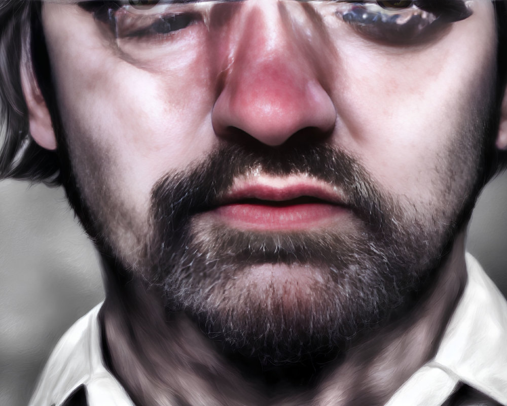 Bearded man with intense eyes and furrowed brow in close-up portrait