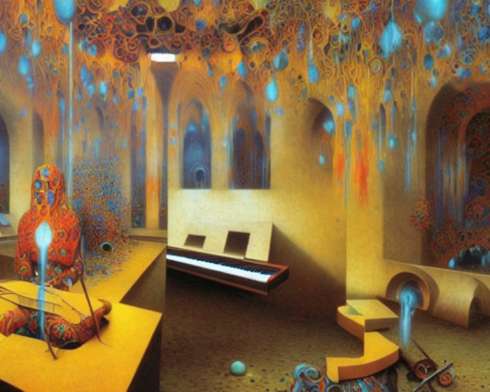 Surreal vibrant room with piano, abstract sculptures, and floating sphere