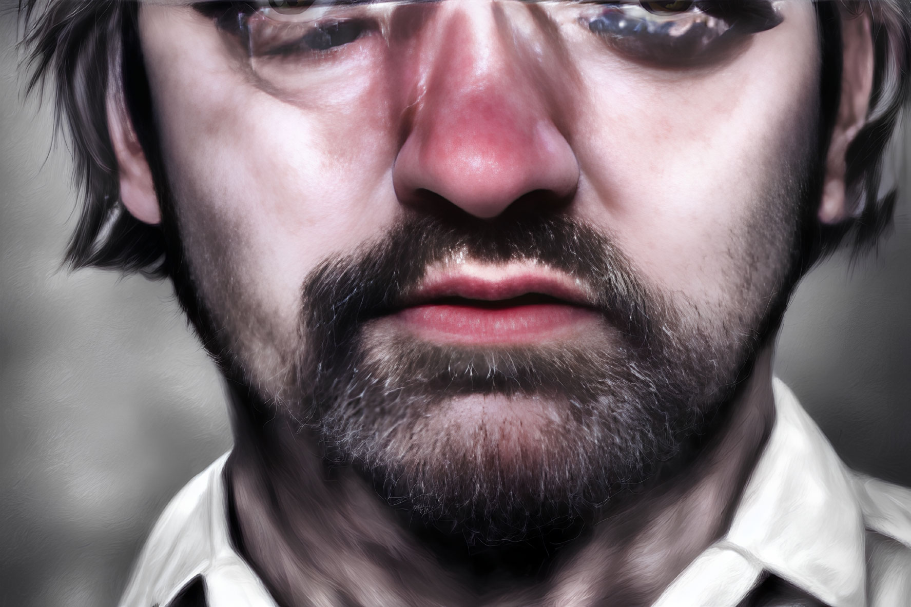 Bearded man with intense eyes and furrowed brow in close-up portrait