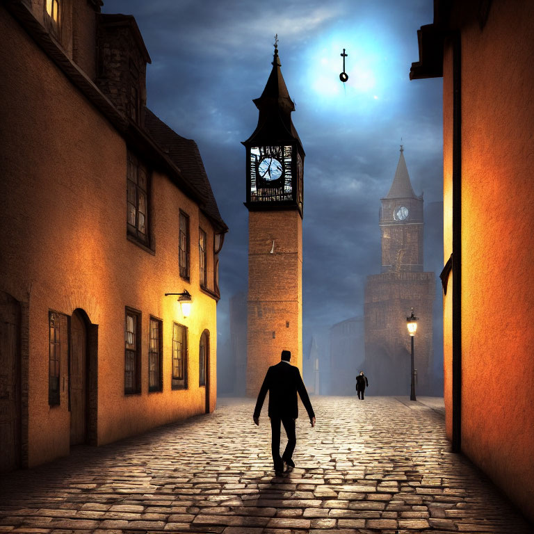 Twilight scene: Person walking on cobblestone street towards illuminated clock tower