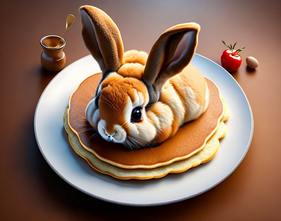 Rabbit-shaped pancake stack with syrup and cherry tomato on white plate