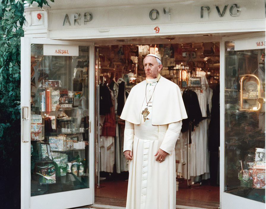 Man in Pope costume outside religious souvenir shop