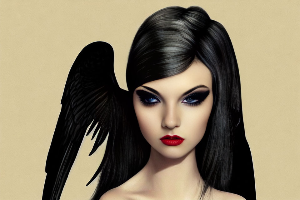 Dark-haired woman with striking makeup and red lips showcasing a single black wing.