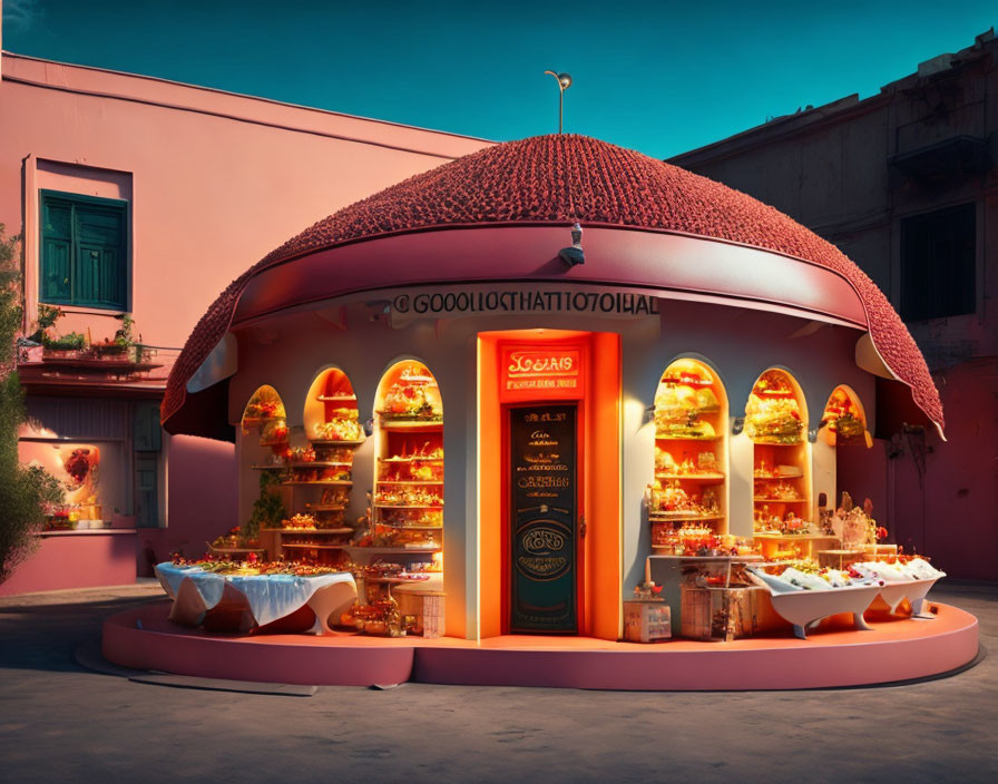 Vibrant confectionery shop with red roof, cakes, and sweets against twilight sky and pink