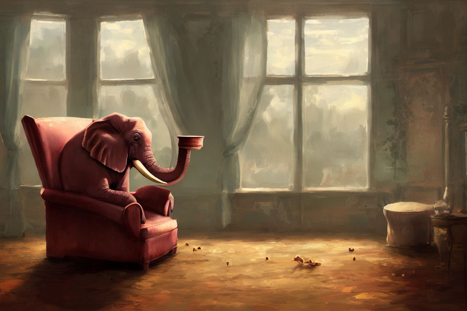 Elephant in armchair with cup in cozy room and sunlight.