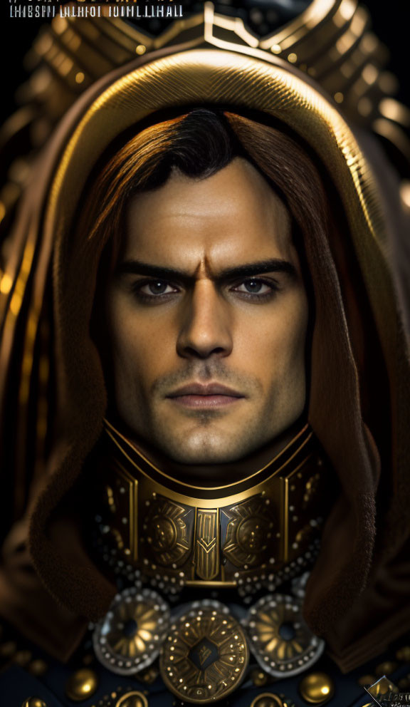 Male digital art portrait in golden sci-fi armor with dark hair