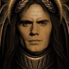 Male digital art portrait in golden sci-fi armor with dark hair