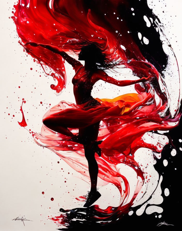 Dancer silhouette with red and black swirls on white background