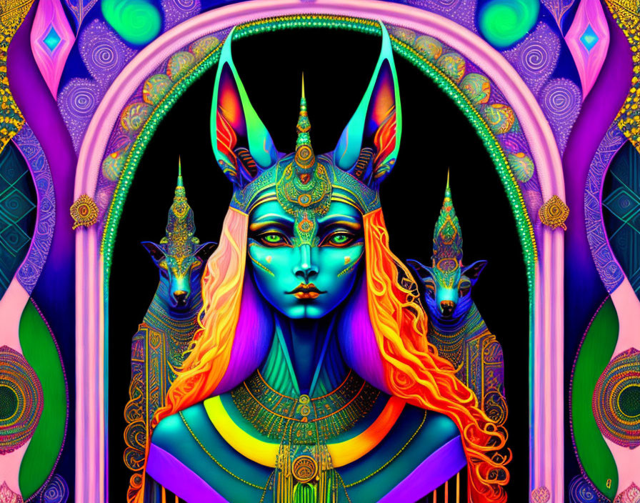 Colorful digital art: anthropomorphic feline figure in Egyptian attire on patterned backdrop