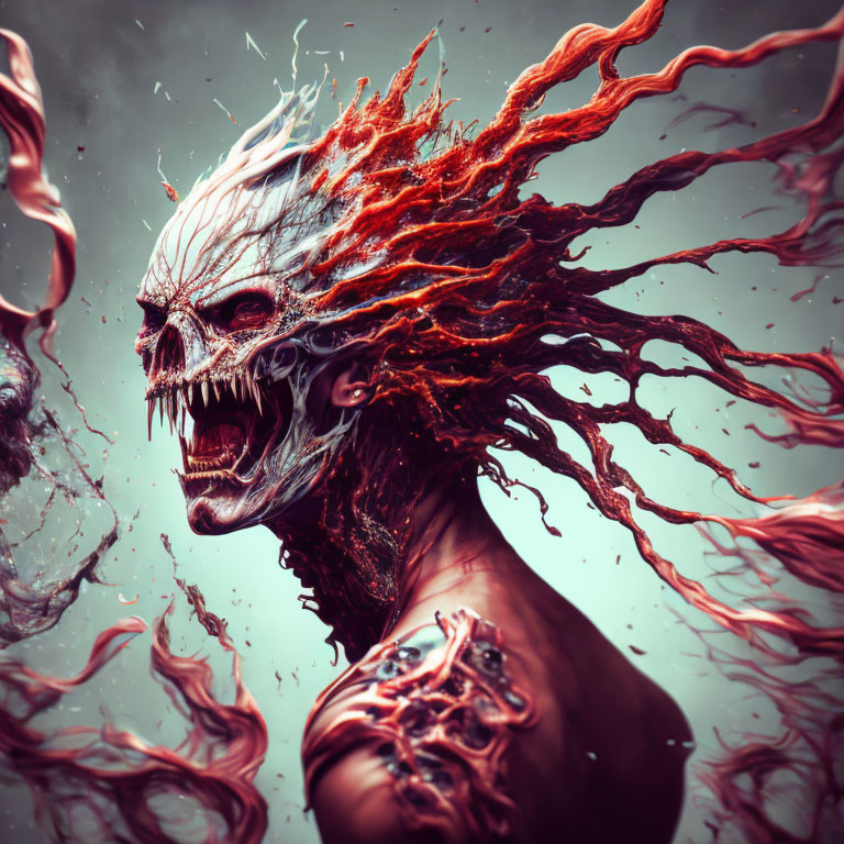 Skeletal creature with red hair tendrils and snarl.