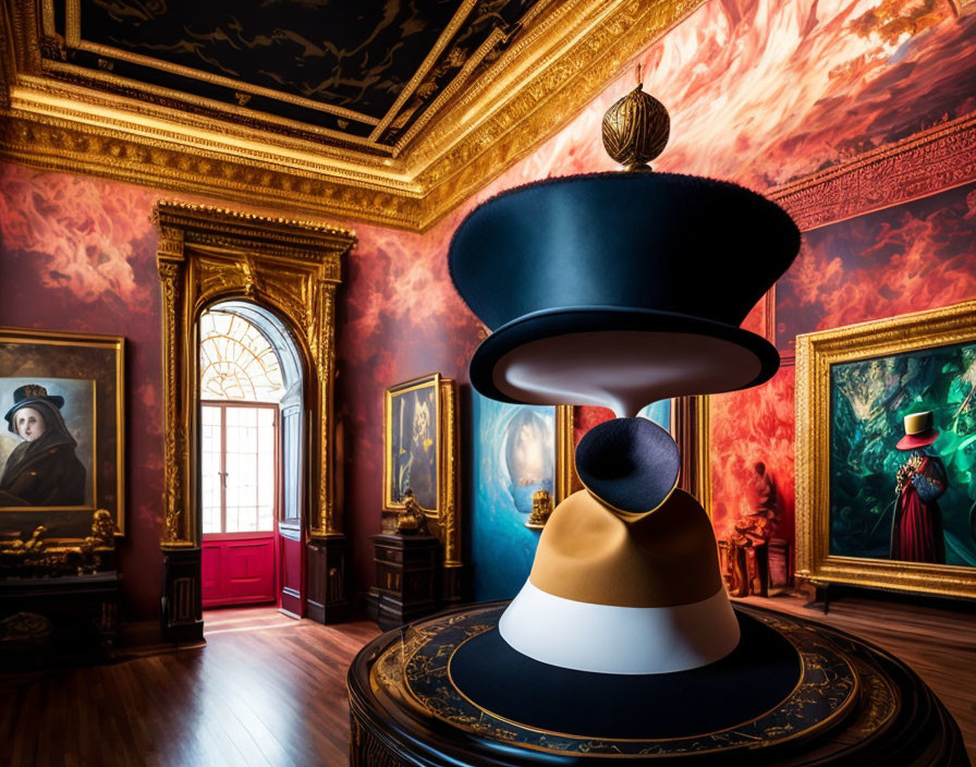 Luxurious Room with Paintings and Hat Sculpture