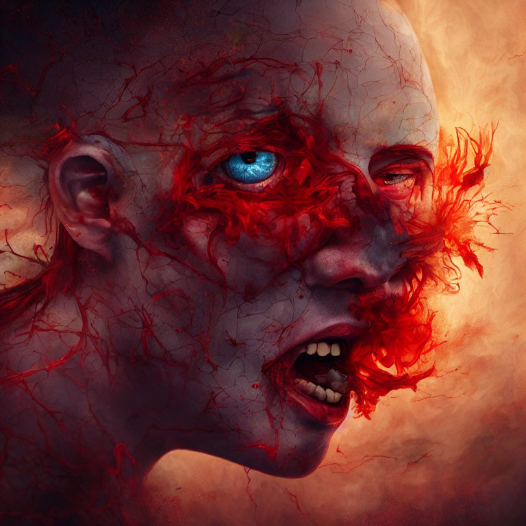 Vibrant surreal portrait with red veins, blue eye, and flame-like structures on fiery backdrop